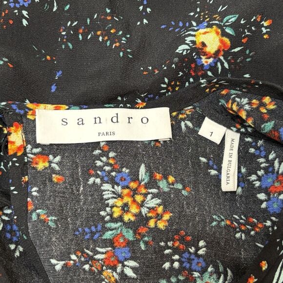 Sandro Paris Cold Shoulder Top Women 1 Small Black Floral Keyhole High Low - Picture 3 of 12